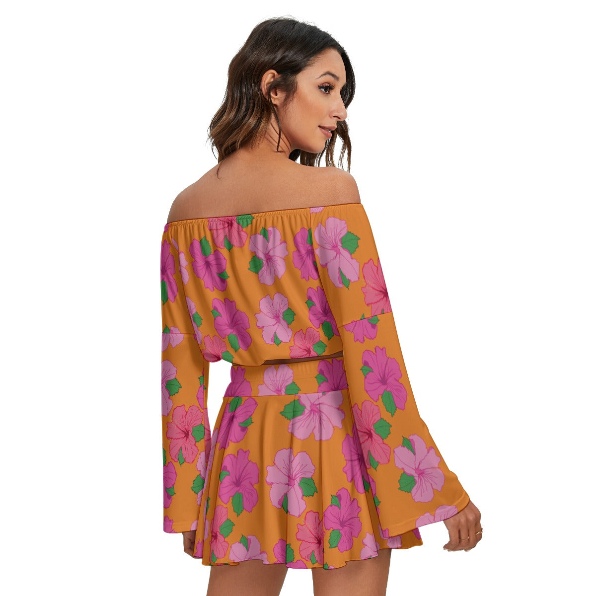 All-Over Print Women's Off-shoulder Top And Skirt Set