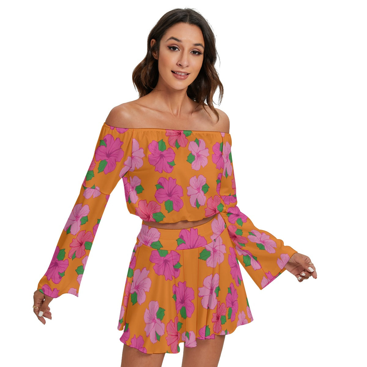 All-Over Print Women's Off-shoulder Top And Skirt Set