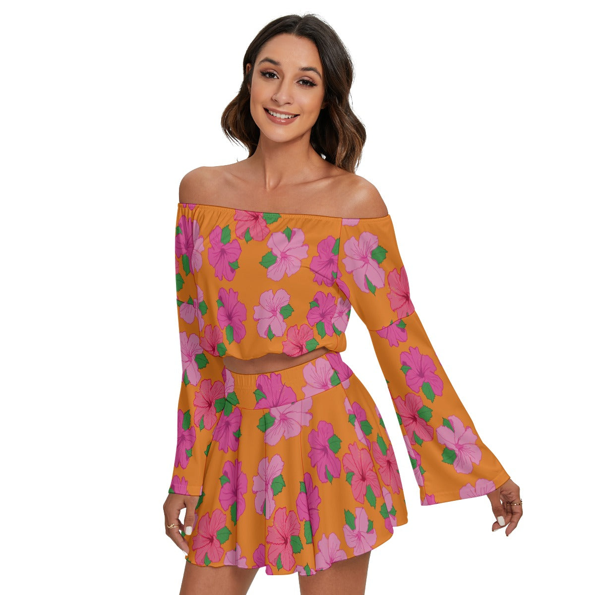 All-Over Print Women's Off-shoulder Top And Skirt Set