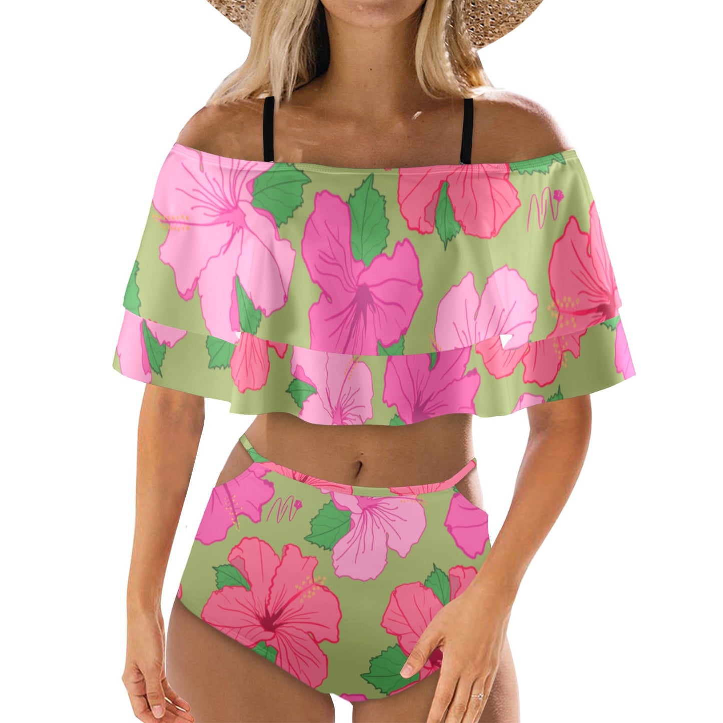 Soy Una Flor Tropical Off Shoulder Swimsuit Women's Ruffle Off Shoulder Bikini Swimsuit (Model S45)