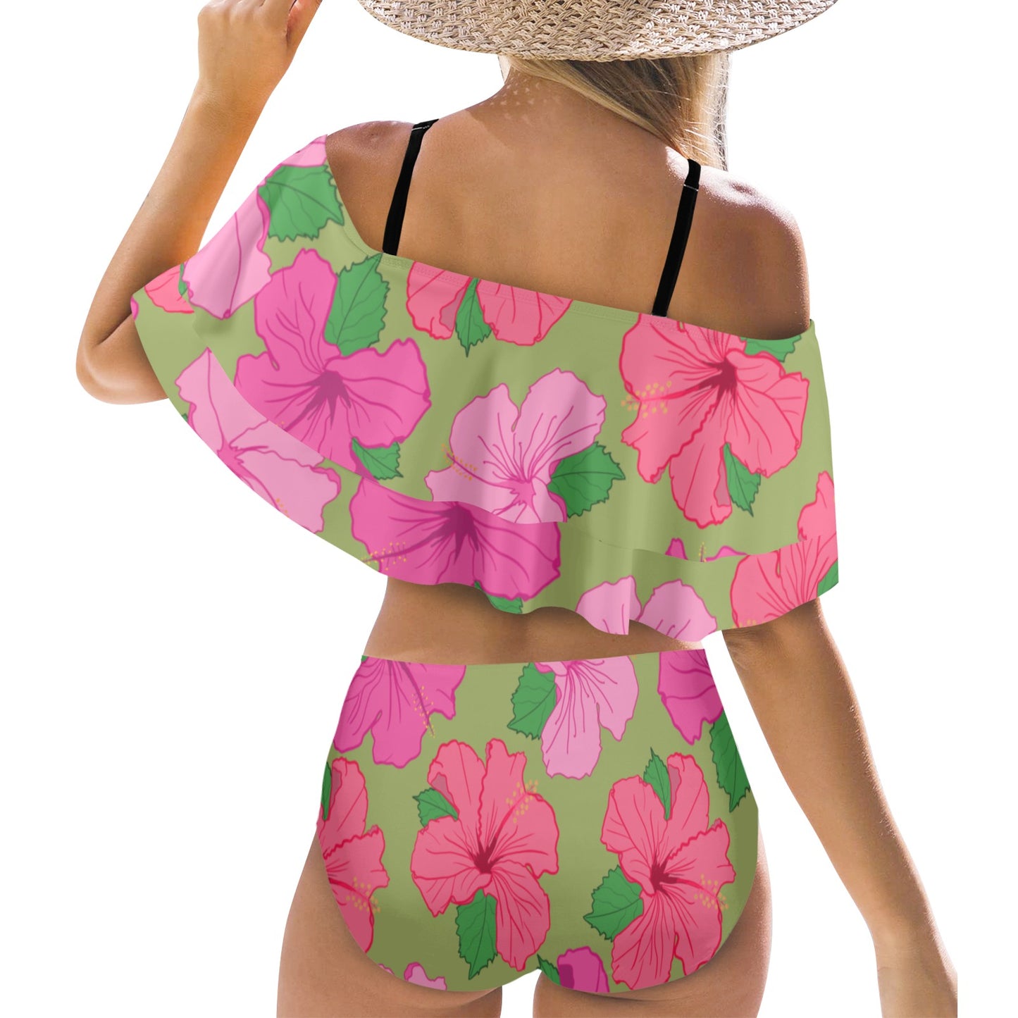 Soy Una Flor Tropical Off Shoulder Swimsuit Women's Ruffle Off Shoulder Bikini Swimsuit (Model S45)