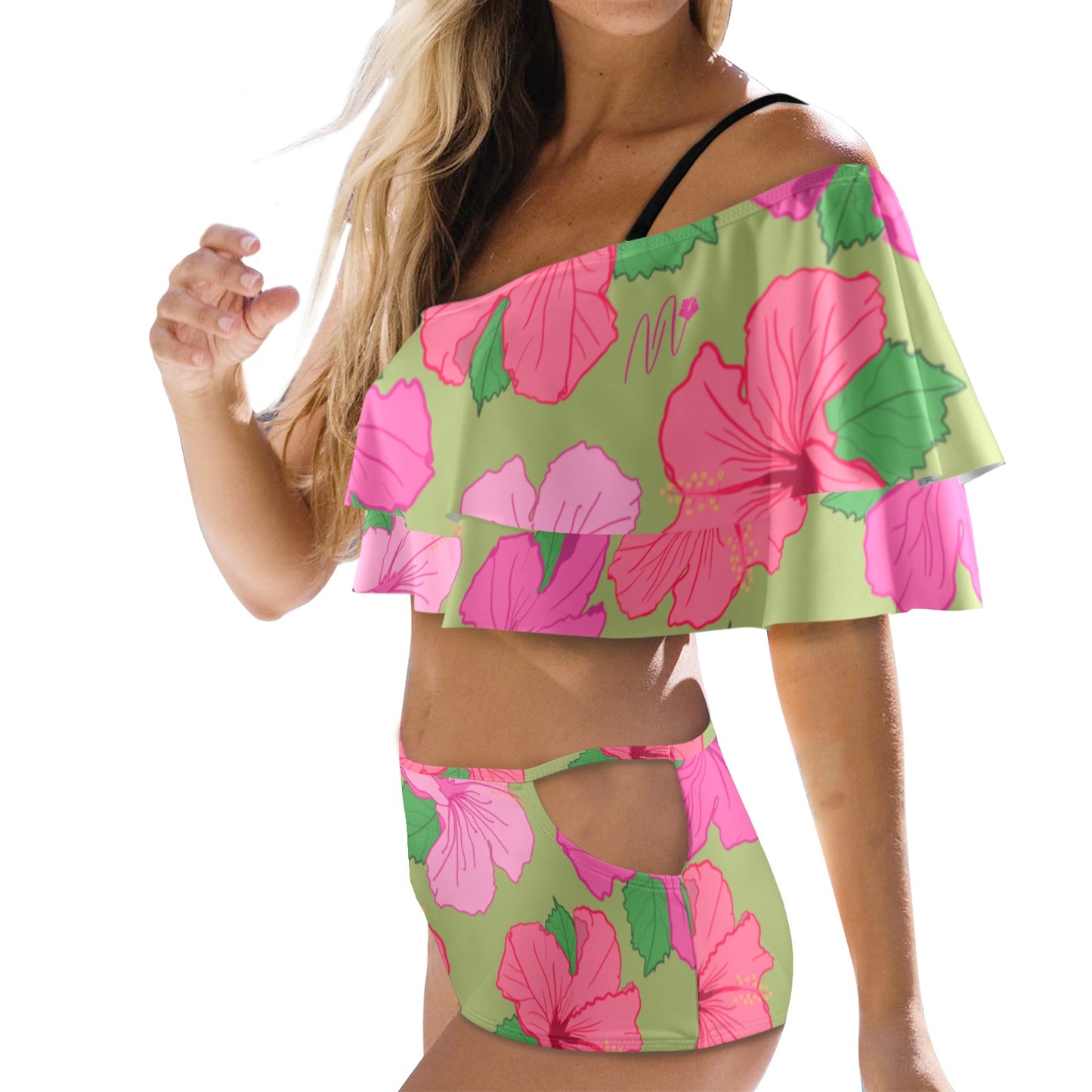 Soy Una Flor Tropical Off Shoulder Swimsuit Women's Ruffle Off Shoulder Bikini Swimsuit (Model S45)